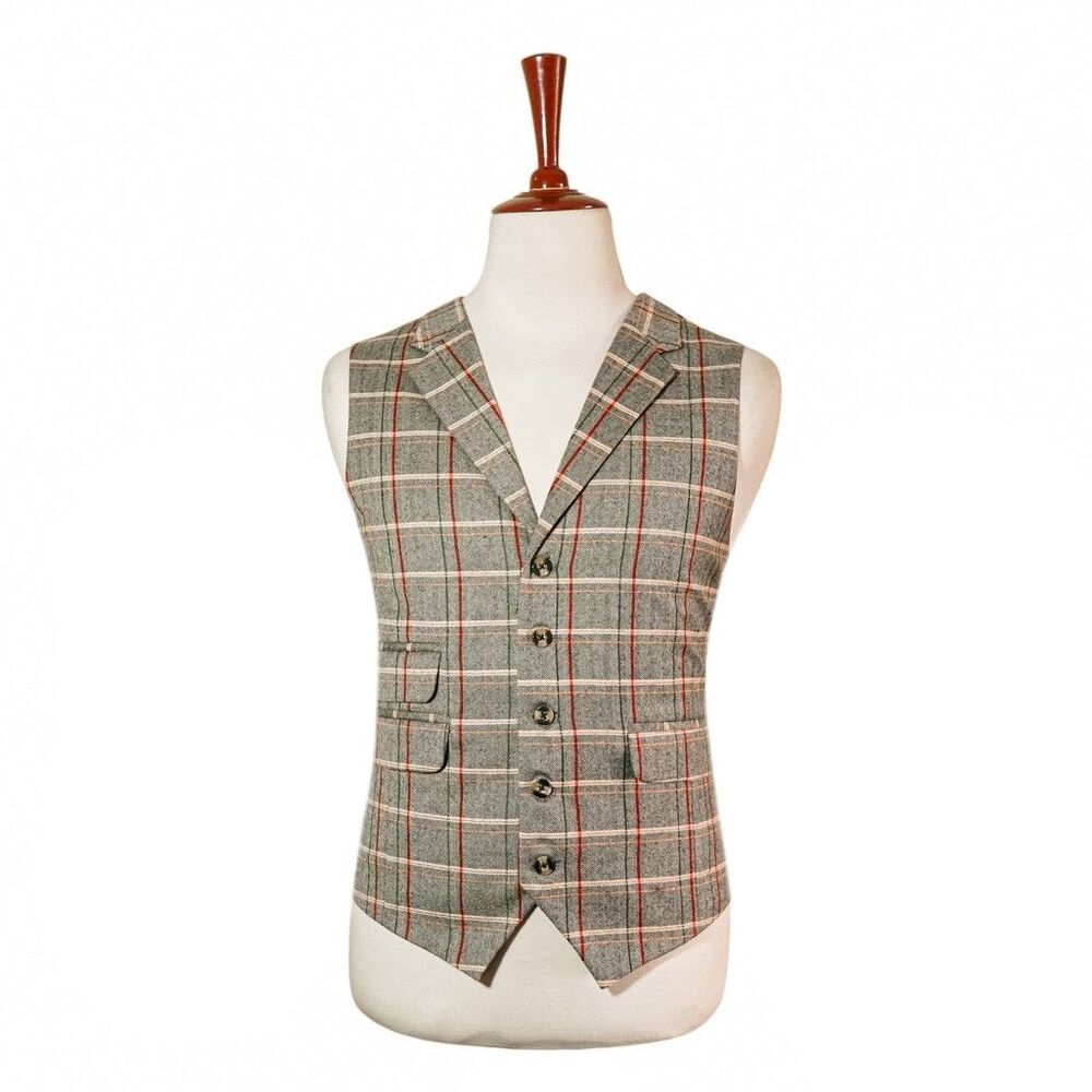 Mens 46R Wool Vest Waistcoat Gray Red Plaid Herringbone Wedding Formal Classic